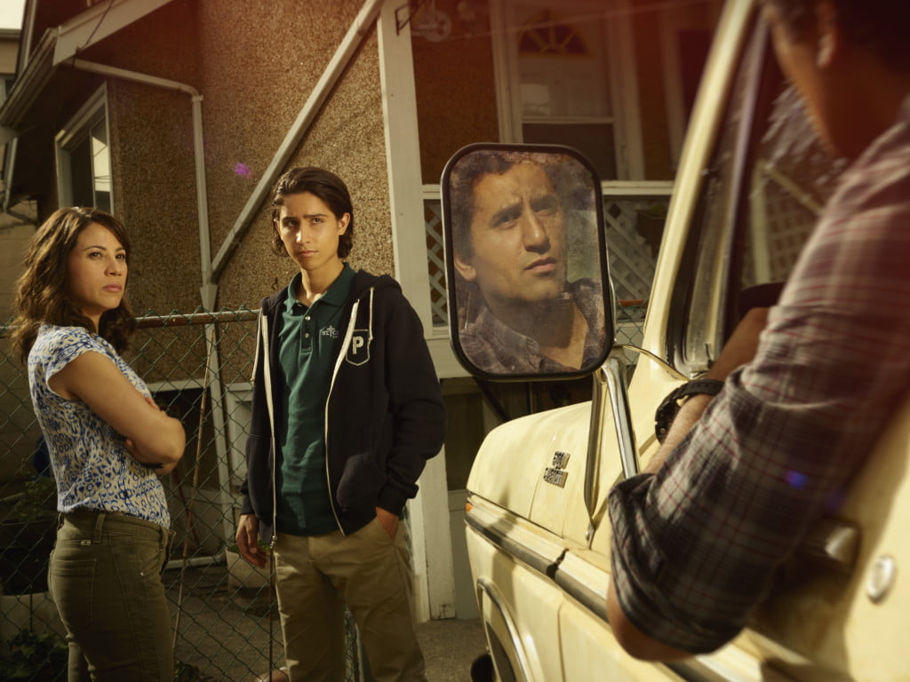 Elizabeth Rodriguez as Liza, Lorenzo James Henrie as Chris and Cliff Curtis as Travis - Fear the Walking Dead _ Season 1, Gallery - Photo Credit: Frank Ockenfels 3/AMC