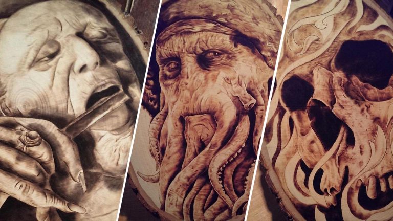 Personagens de filmes retratados em madeira com a arte de Pirografia